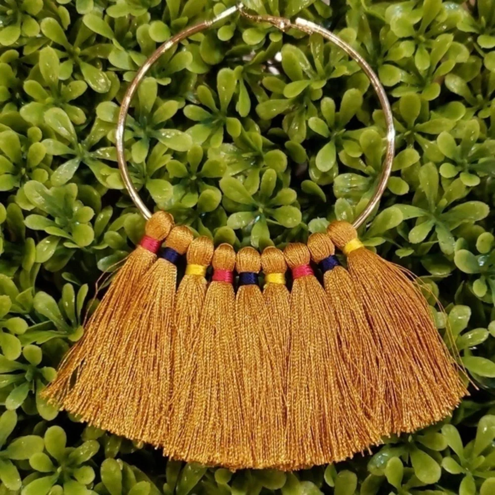 BIG‎ GOLD TASSEL HOOP EARRINGS 5 Inch Hoop
